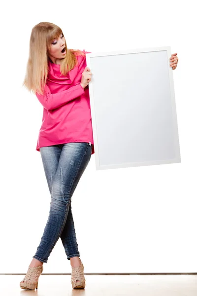 Woman holding blank presentation board — Stock Photo, Image