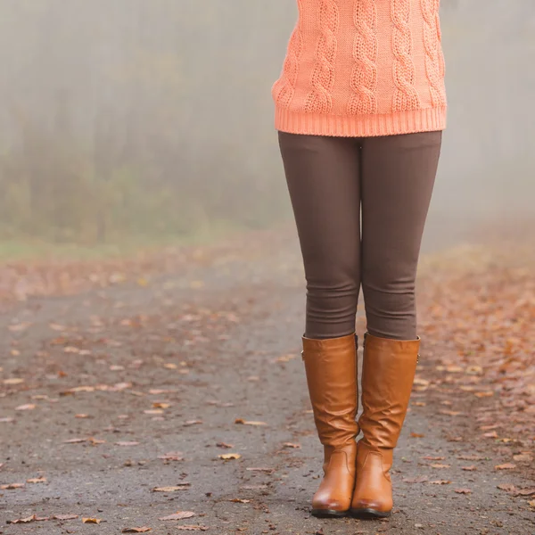 Primer plano de las piernas de mujer en botas marrones. Moda de otoño —  Fotos de Stock