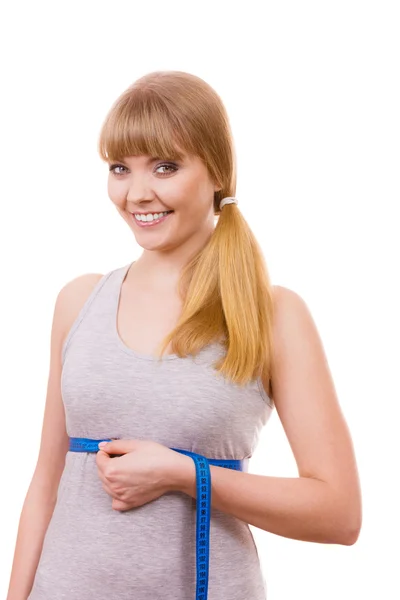 Woman measuring her size under breast isolated — Stock Photo, Image