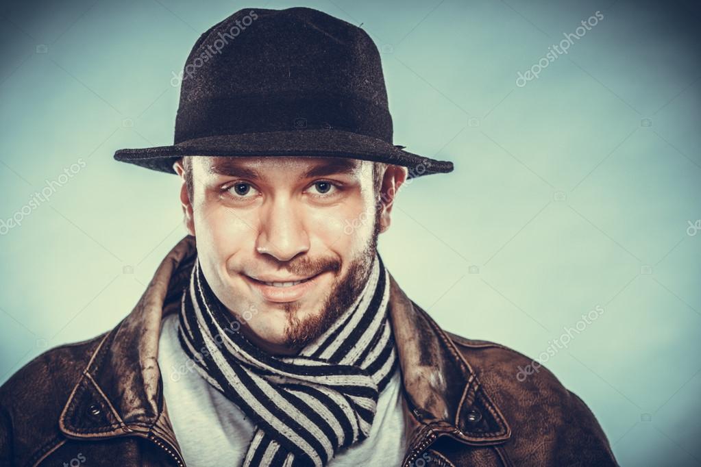 Happy Man With Half Shaved Face Beard Hair In Hat Stock Photo