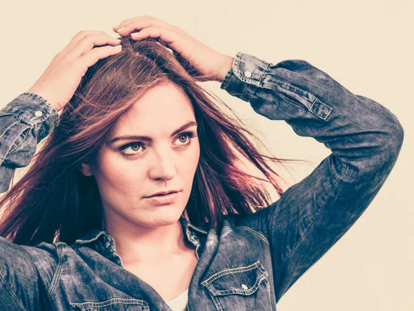 Fashionable woman with blowing hair — Stock Photo, Image