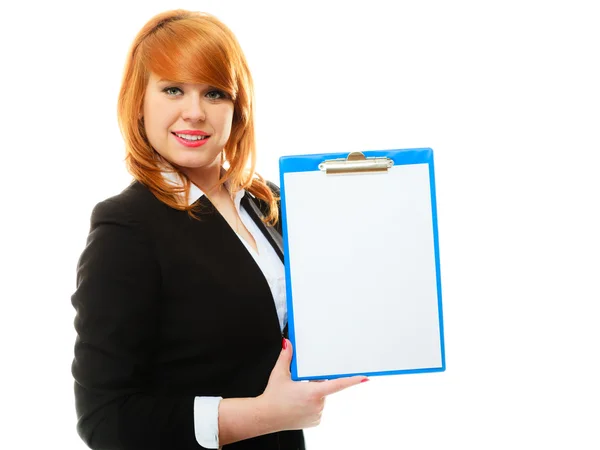 Vrouw met blauwe Klembord met blank — Stockfoto