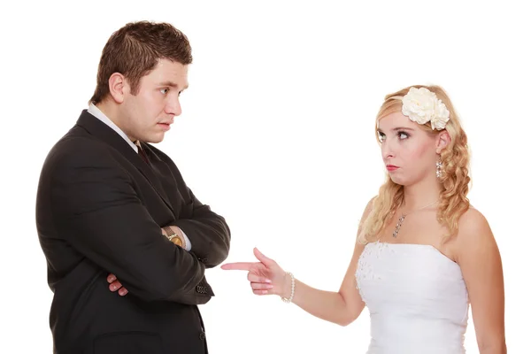 Wedding couple having argument conflict, bad relationships — Stock Photo, Image