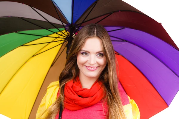 Frau im regendichten Mantel unter Regenschirm — Stockfoto
