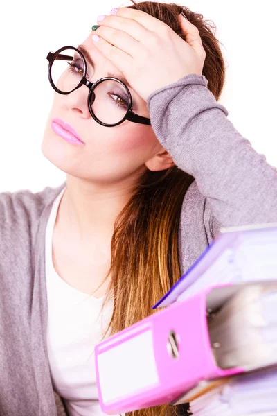 Woman tired with stack of folders documents — Stock Photo, Image