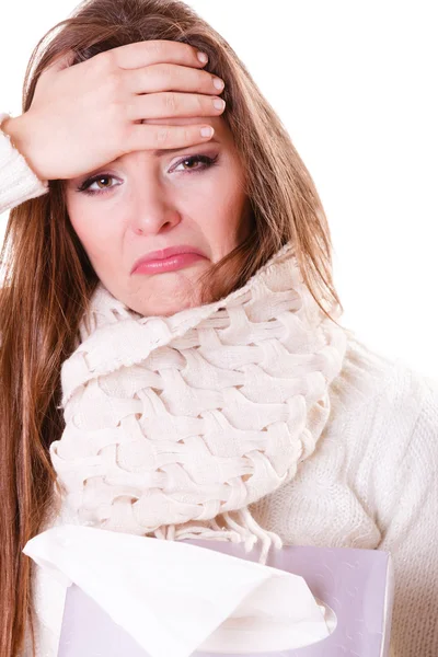 Sick woman girl with fever sneezing in tissue — Stock Photo, Image