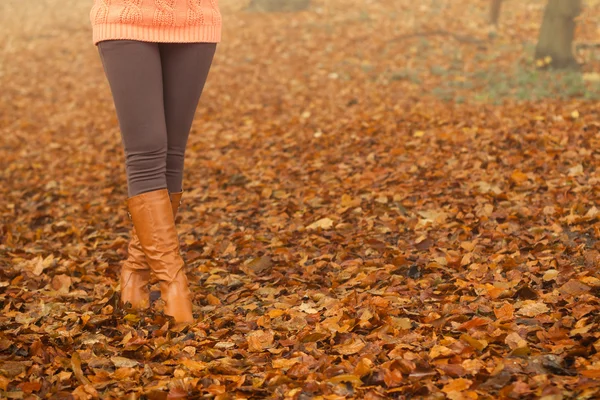Primo piano di gambe di donna in stivali marroni. Moda autunno — Foto Stock