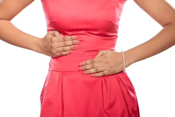 Femme souffrant de maux d'estomac douleurs abdominales. — Photo