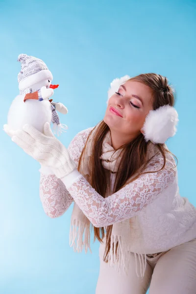 Cute woman with little snowman. Winter. — Stock Photo, Image