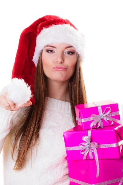 Woman santa helper hat with many pink gift boxes — Stock Photo, Image