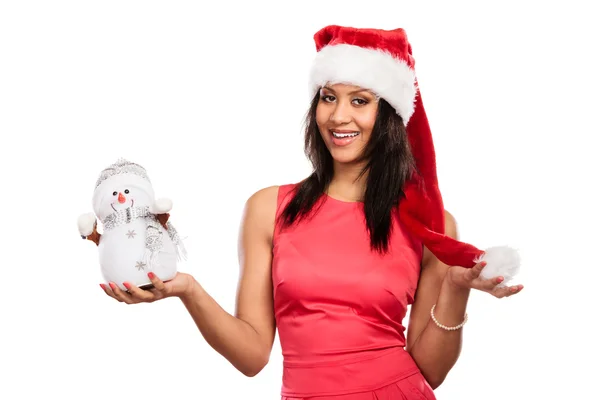 Mixed race woman in santa hat with little snowman. — Stock Photo, Image