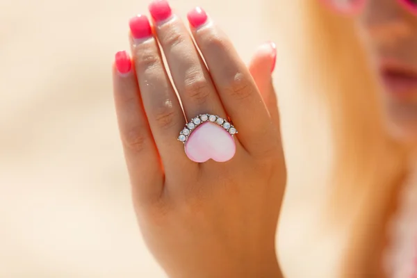 Beautiful ring on hand. — Stock Photo, Image