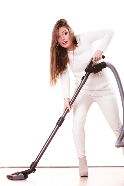 Funny girl with vacuum cleaner. Housework — Stock Photo, Image