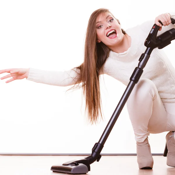 Funny girl with vacuum cleaner. Housework — Stock Photo, Image