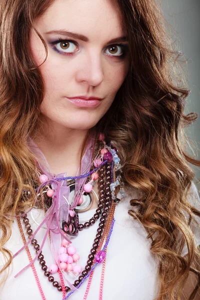 Pretty young woman girl wearing jewelry necklaces — Stock Photo, Image