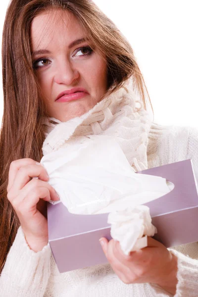 Sick woman girl with fever sneezing in tissue — Stock Photo, Image