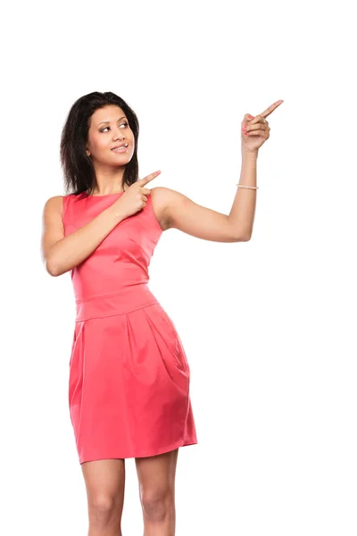 Mujer bonita apuntando al espacio vacío de copia en blanco. —  Fotos de Stock