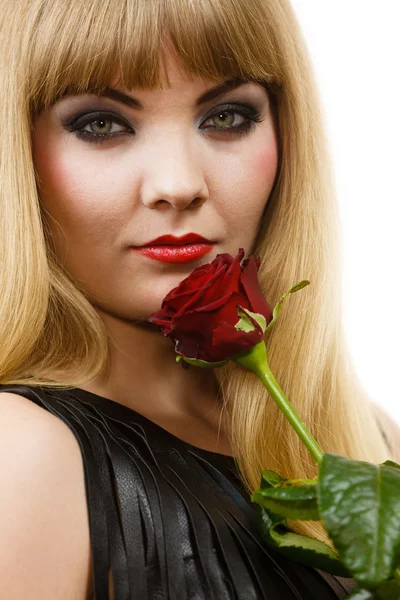 Woman gorgeous girl dark makeup holds rose flower — Stock Photo, Image