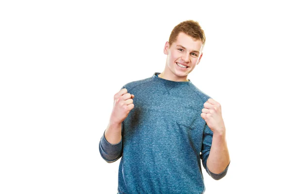 Happy man successful with arms up clenching fist — Stock Photo, Image