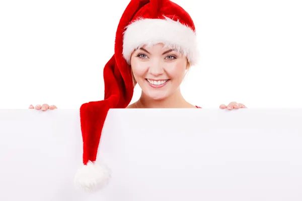 Vrouw met lege lege banner bord. Kerst — Stockfoto