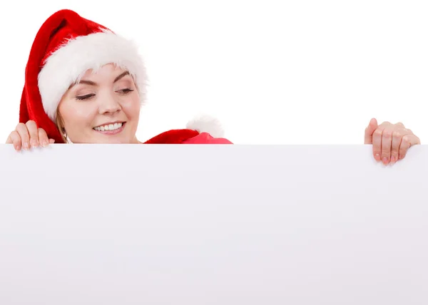 Mulher com banner vazio em branco. Natal. — Fotografia de Stock