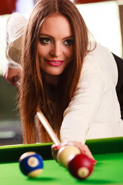 Young woman having fun with billiard. — Stock Photo, Image