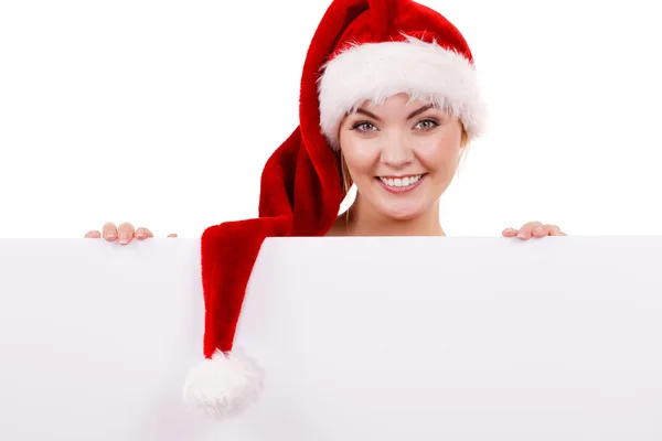 Vrouw met lege lege banner bord. Kerst — Stockfoto