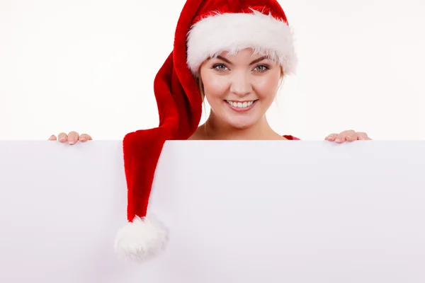 Žena s prázdný prázdný nápis desky. Vánoční — Stock fotografie