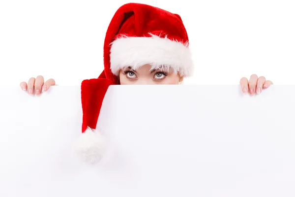 Woman with blank empty banner board. Christmas — Stock Photo, Image