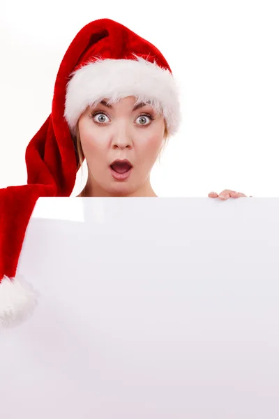 Woman with blank empty banner board. Christmas — Stock Photo, Image