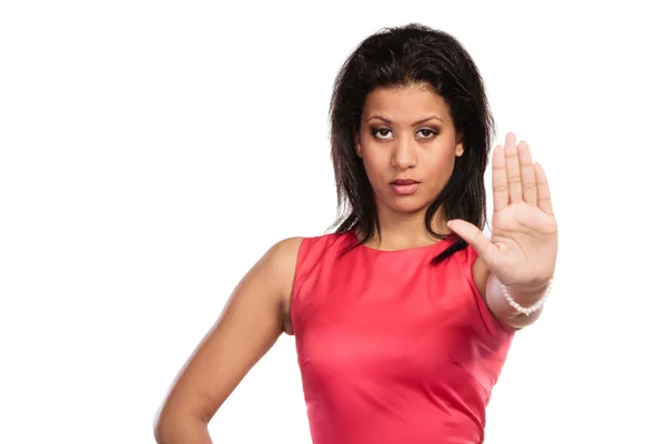 Mixed race woman showing stop sign gesture. — Stock Photo, Image