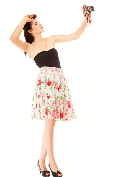 Girl taking self portrait from vintage camera — Stock Photo, Image