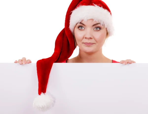 Vrouw met lege lege banner bord. Kerst — Stockfoto