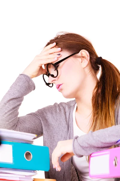 Woman tired with stack of folders documents — Stock Photo, Image