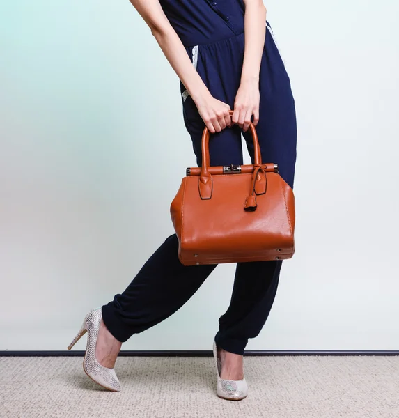 Stílusos nő divat lány gazdaság barna retikül — Stock Fotó