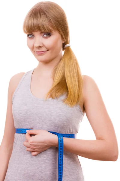 Woman measuring her size under breast isolated — Stock Photo, Image