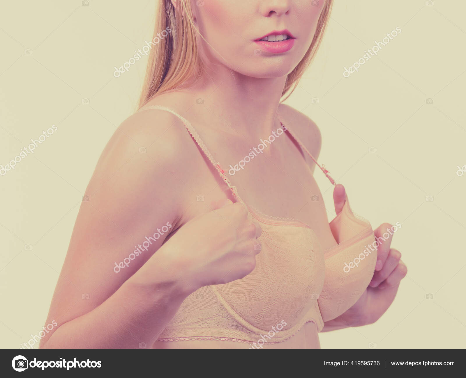 Slim Young Woman With Small Boobs Wearing Too Big Bra, Gaping Cups