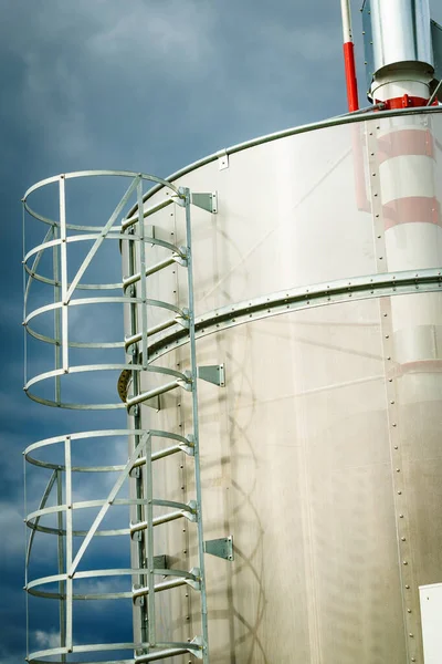 Leiter Auf Landwirtschaftlichem Silo Lagertank Angebaut Landwirtschaftlichen Nutzpflanzen Verarbeitungsanlage Außenseite — Stockfoto