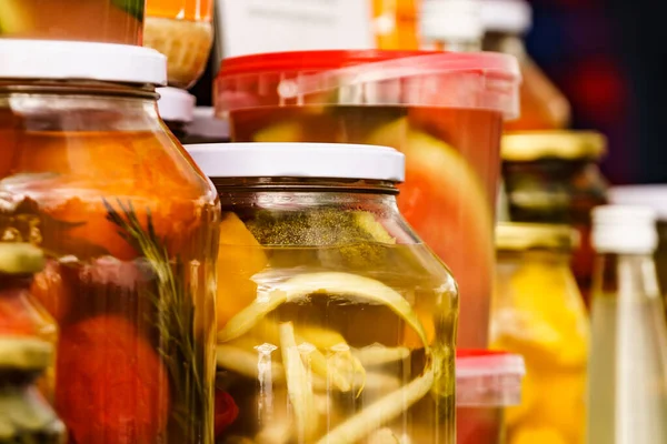 Food preserving for autumn winter time. Jars with pickled vegetables. Food fermentation. — Stock Image Food Preserving Autumn Winter Time Jars Pickled Vegetables Food Fermentation Stock Photo