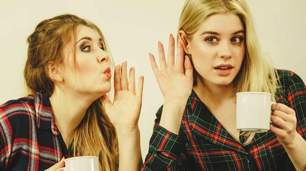 Two Female Friends Sitting Together Sofa Chatting Talking Gossiping Drinking — Stock Photo, Image