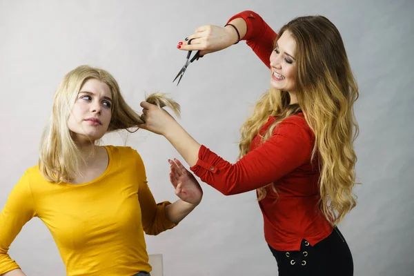 Hairstyle and haircut. Young female barber holding scissors tool ready to trimming hair her friends. Two girls creating new hairdo coiffure