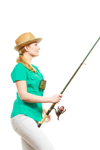 Fischerei Spinning Ausrüstung Angelsport Und Aktivitätskonzept Glücklich Lächelnde Frau Mit — Stockfoto