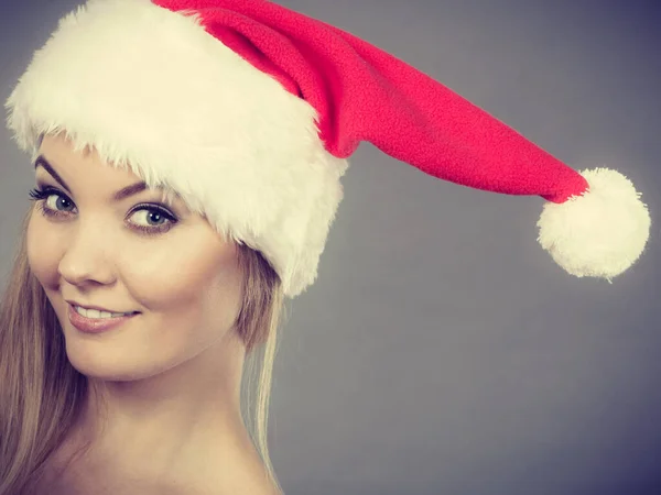 Natal Roupas Sazonais Conceito Natal Inverno Feliz Mulher Vestindo Papai — Fotografia de Stock