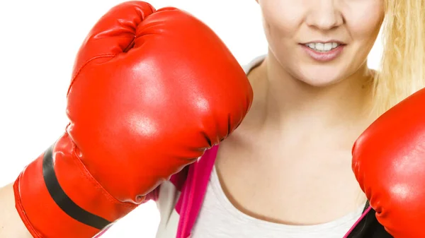 Sporty Woman Wearing Red Boxing Gloves Fighting Studio Shot White — Stock Photo, Image