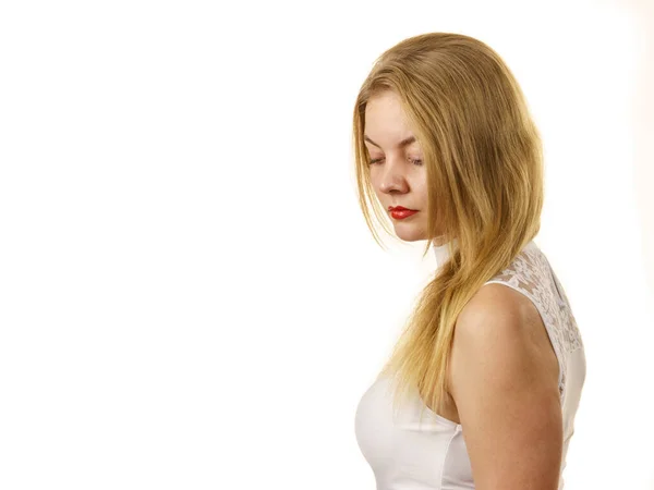 Blonde Woman Wearing White Top Laced Detail Cleavage Fashion Clothing — Stock Photo, Image