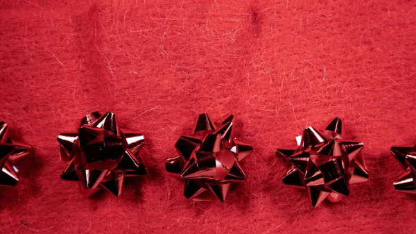 Shiny Decorative Bows Red Background Festive Christmas Border Frame — Zdjęcie stockowe