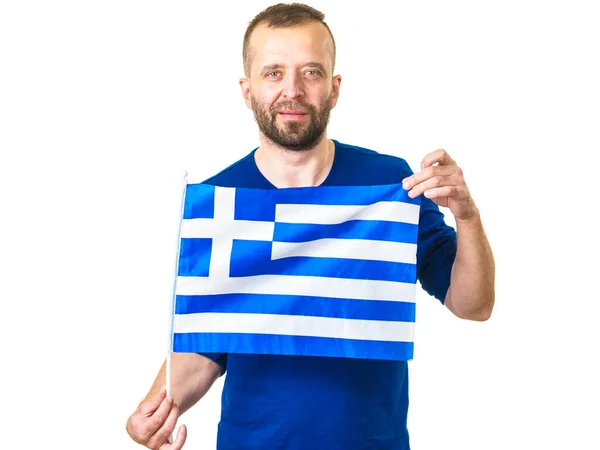 Człowiek Grecką Flagą Narodowy Symbol Grecji Odizolowany Białym — Zdjęcie stockowe