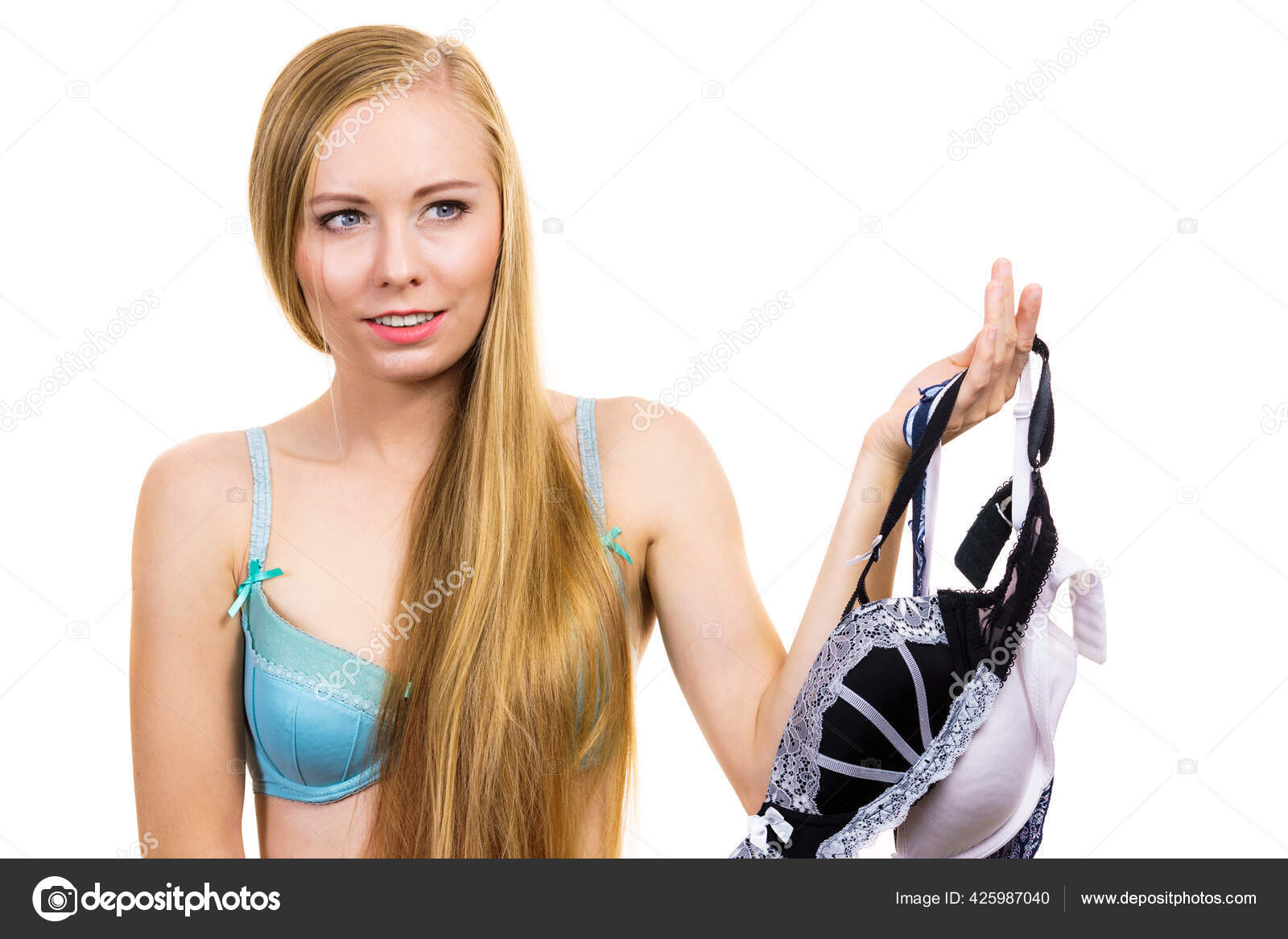 Bosom Concept Slim Blonde Woman Wearing Underwear Holding Many Bras Stock  Photo by ©Voyagerix 425987040