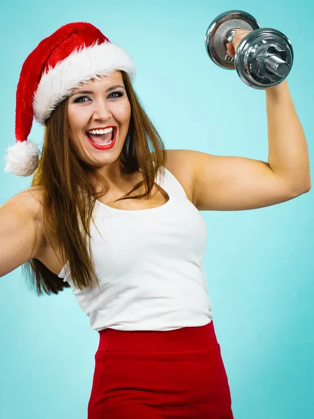 New Year Fitness Building Muscles Resolution Woman Santa Claus Hat — Stock Photo, Image