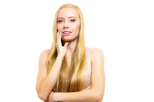 Young Blonde Woman Wearing Bra Covering Her Breast Long Hair — Stock Photo, Image